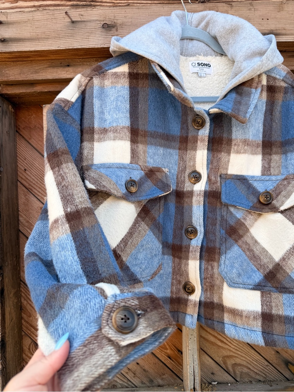 NWOT Ci Sono Plaid Hooded Jean Jacket - Picture 2 of 5